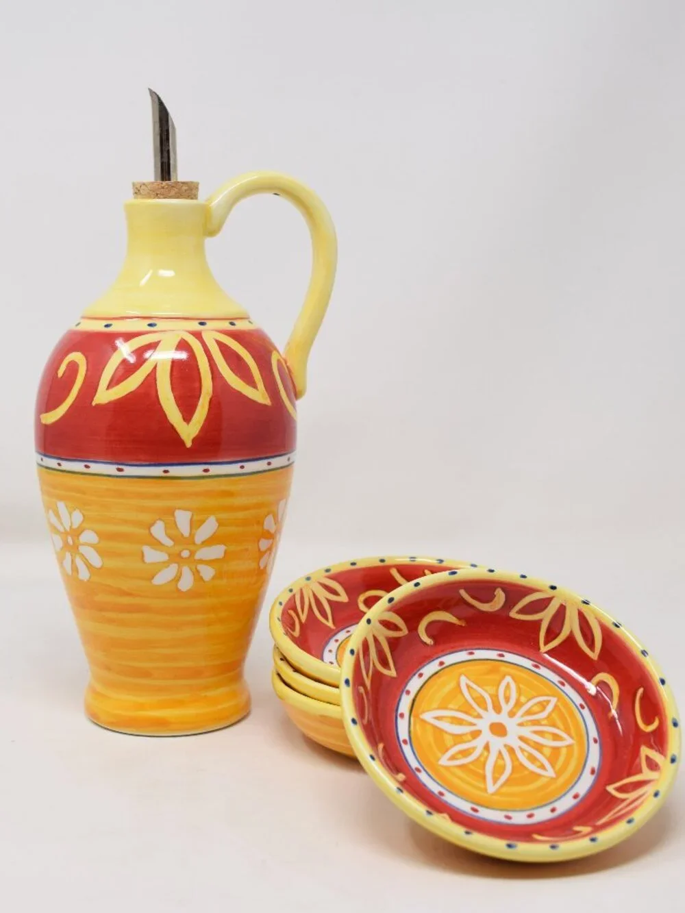 Pier 1 Corona Bread Dipping Set Cruet Oil Bottle Decanter Dishes Colorful Table